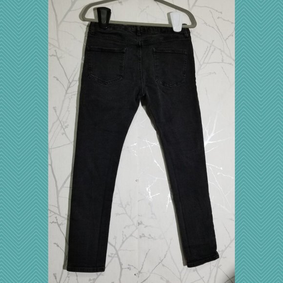 Topman Black Wash Mid Rise Stretch Skinny Jeans w/ Ripped Knees - Picture 2 of 6